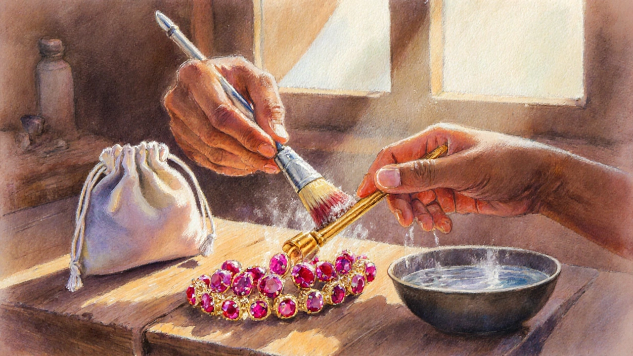 Artisan cleaning a ruby bracelet on a workbench with soft lighting.