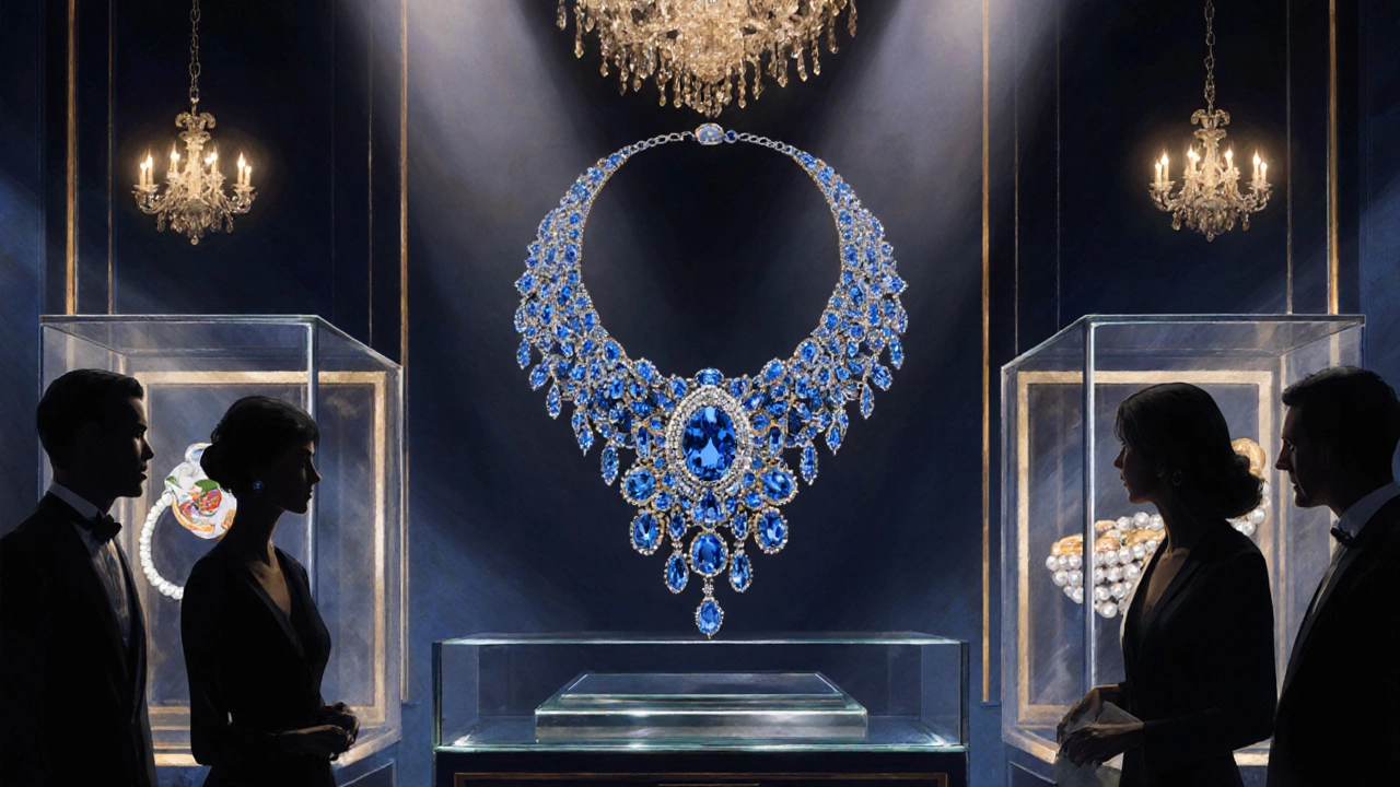 Auction house scene with Art Deco necklace, Edwardian pearls, and bidders under chandelier light.