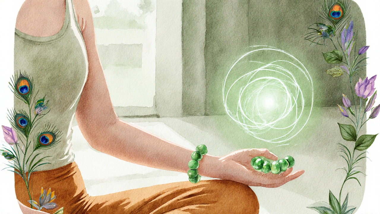 Ayurvedic practitioner with a glowing jade bangle on her left wrist showing heart‑chakra energy.