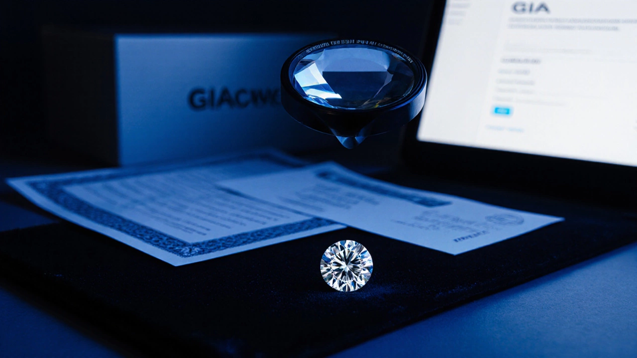Close-up of a diamond with loupe, certificate, and courier box conveying careful inspection.