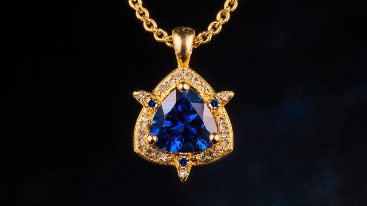 Close‑up of a gold trishula pendant centered with a deep blue sapphire.