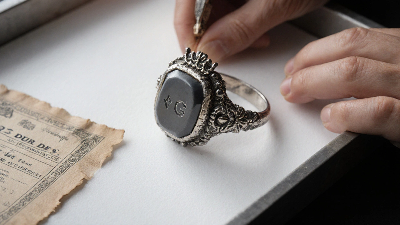Close-up of a Victorian mourning ring with hallmarks and nearby provenance documents.