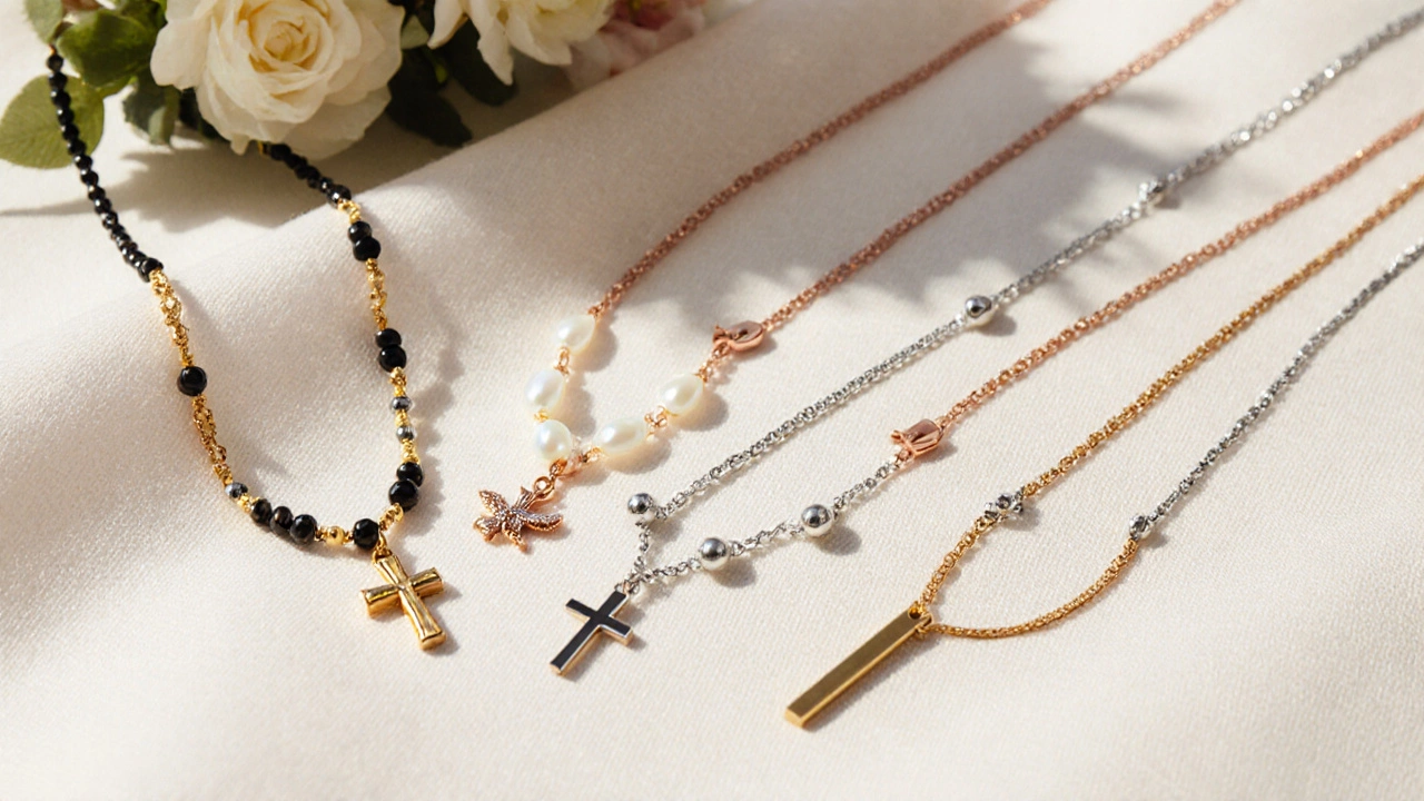 Close‑up of four modern mangalsutra designs for Christian brides.