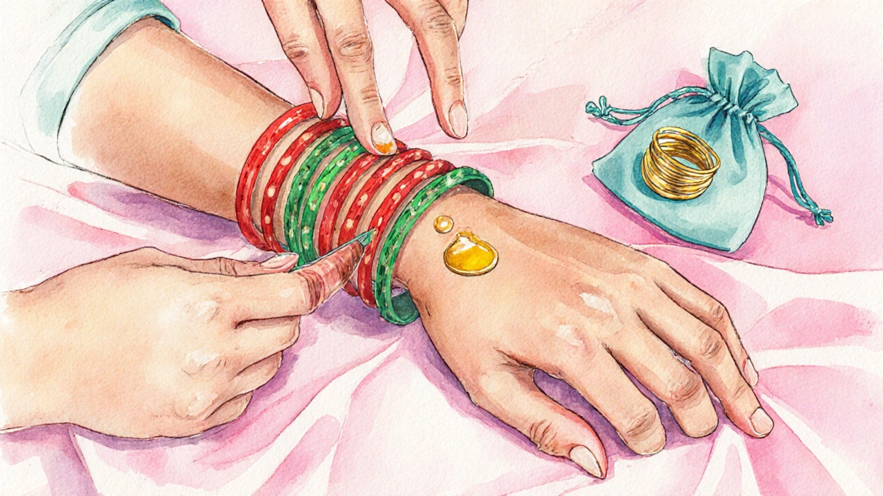 Close‑up of hands sliding off choora bangles, oil on skin, with gold bangles in a silk pouch.