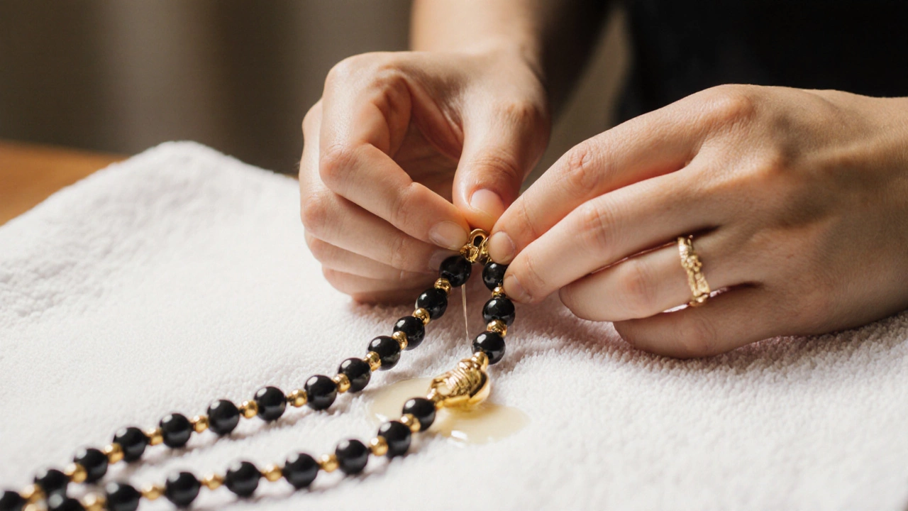 Close‑up of hands using oil to untie a mangalsutra knot on a soft towel.