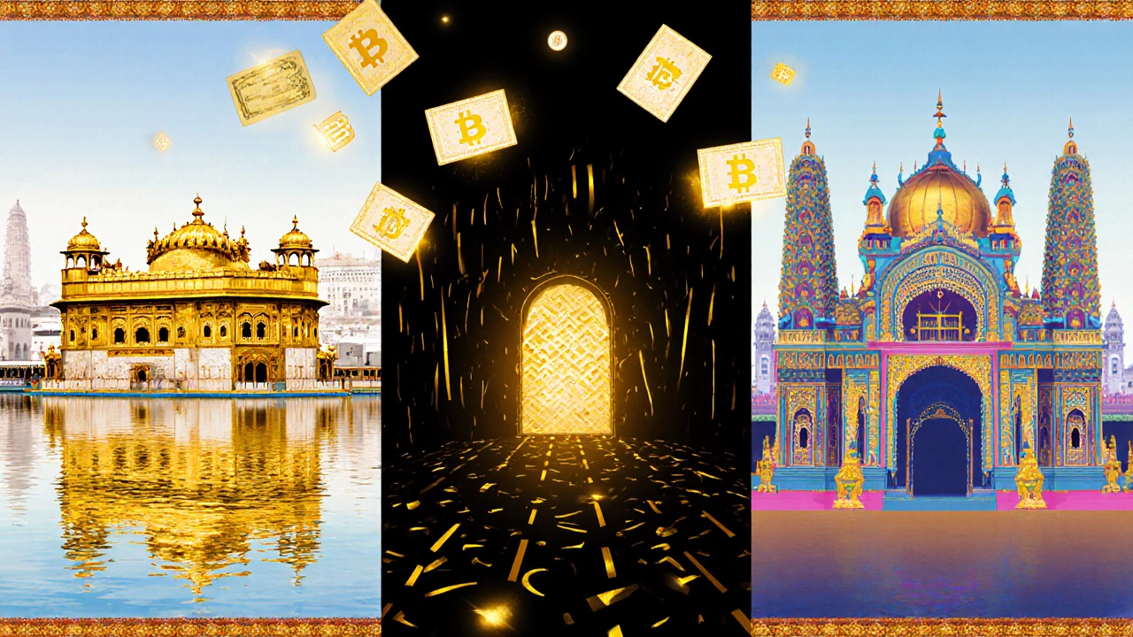 Collage of golden temples with digital icons suggesting modern gold management.