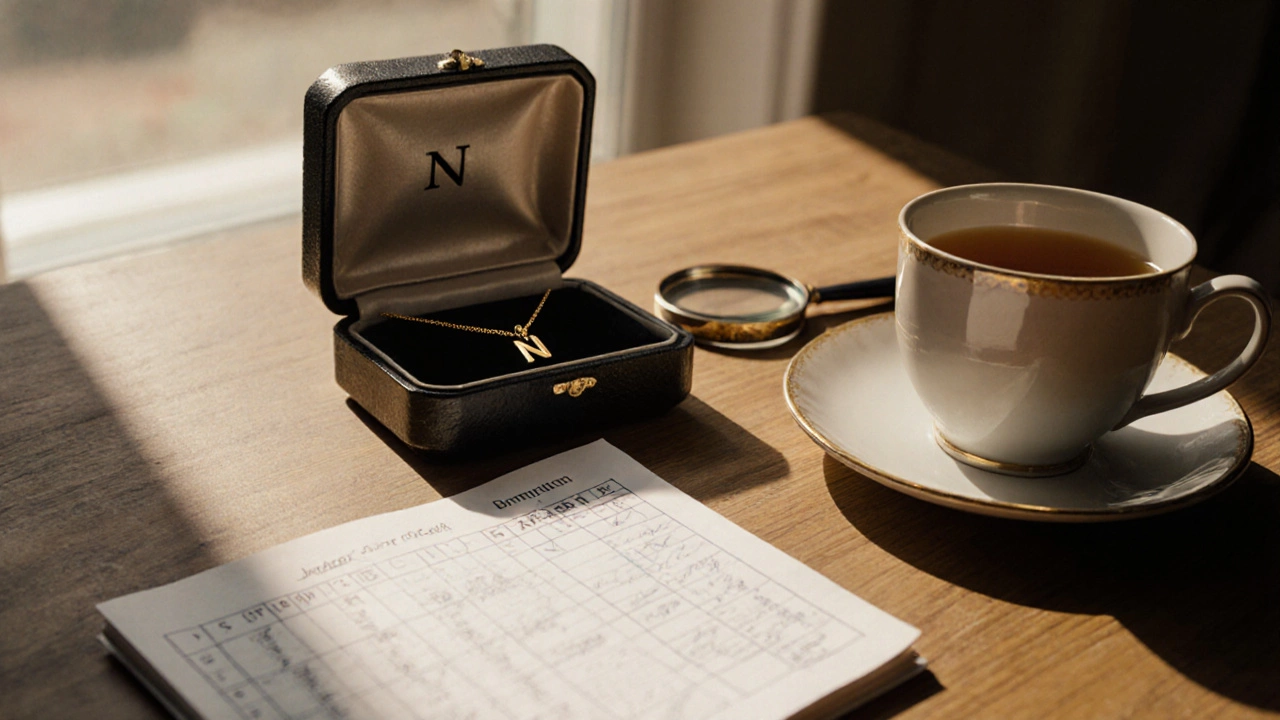 Collector's desk with jewelry, magnifying glass, and date-letter chart highlighting N hallmark.