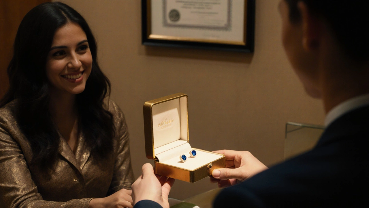 Customer receives a jewelry box containing sapphire earrings with a polishing cloth.