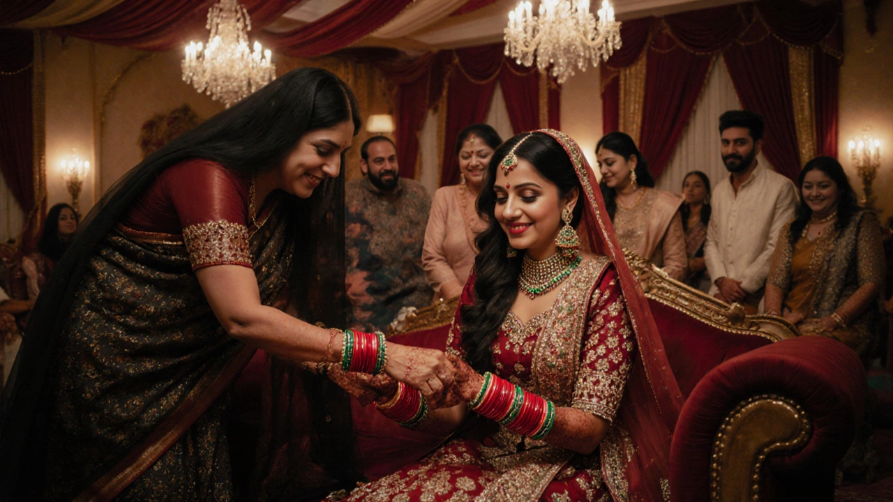 Family member gently removing choora bangles from bride&#039;s wrist at a Punjabi reception.