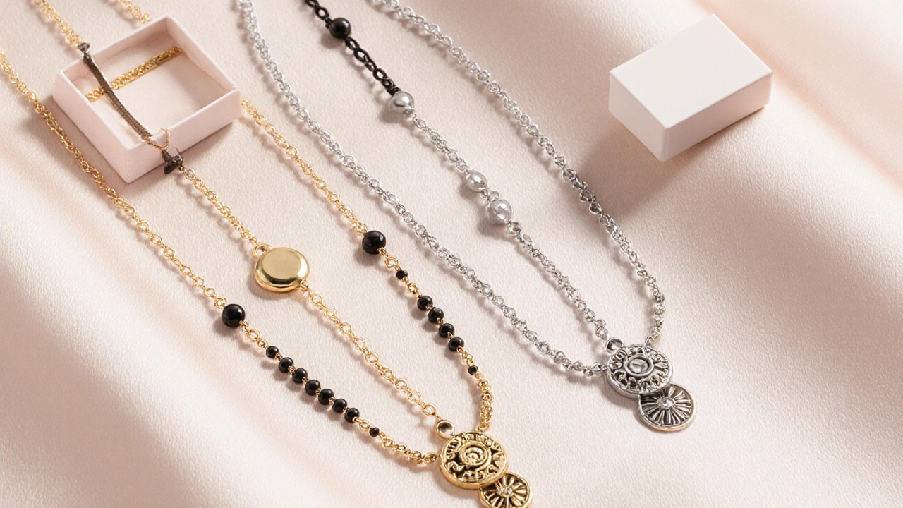 Flat‑lay of three modern removable mangalsutra designs with lock, magnetic, and adjustable styles.