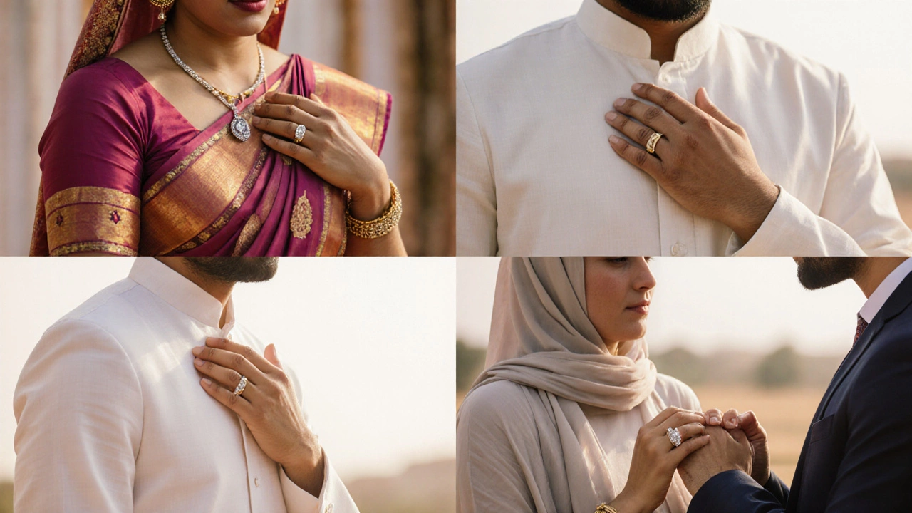 Four people representing Hindu, Sikh, Muslim, and Christian traditions wearing modest diamond jewelry.