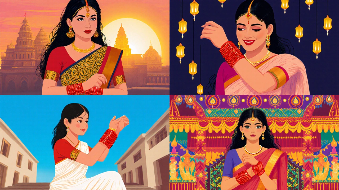 Four regional scenes showing Indian women wearing red bangles during festivals and daily life.