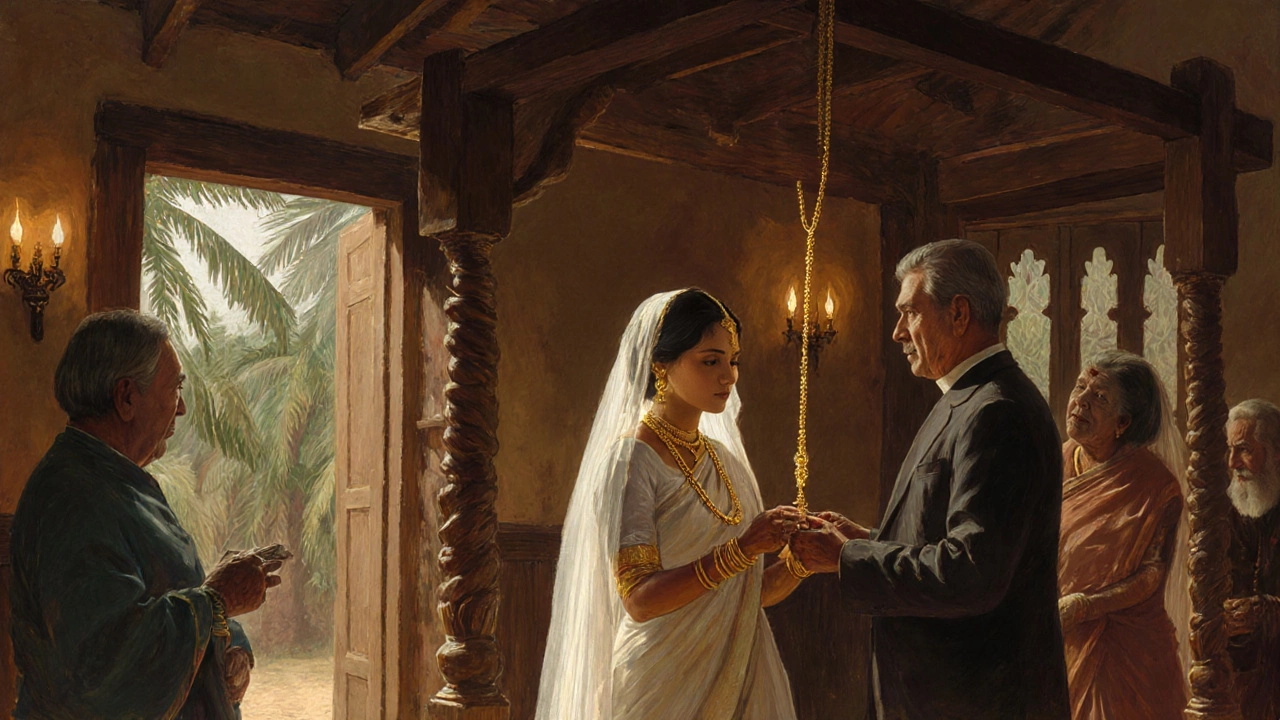 Historical illustration of a Kerala Christian bride receiving a mangalsutra after vows.