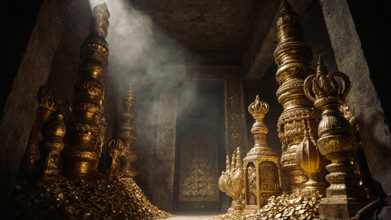Inside Vault B: piles of gold coins, crowns, and thrones illuminated by dramatic lighting.