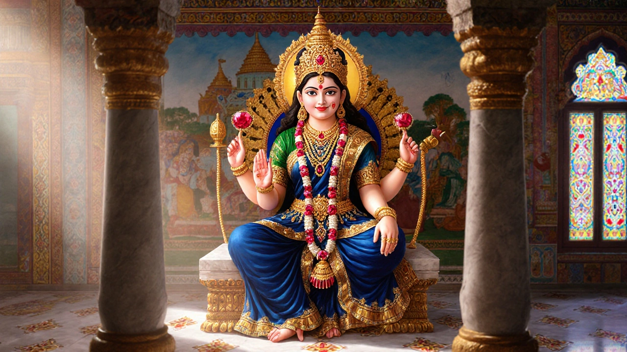Miniature painting of goddess Durga wearing ruby jewelry in a temple.