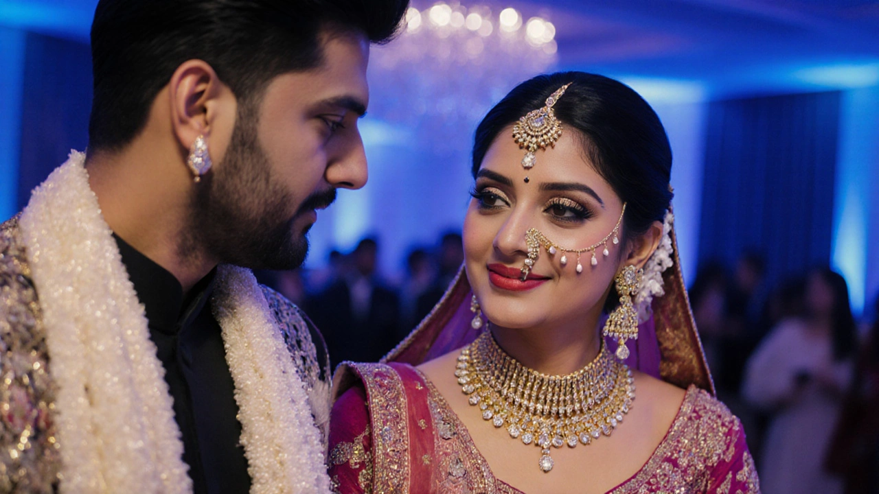 Modern Indian bride and groom showcasing gold mangal sutra with diamond accents.