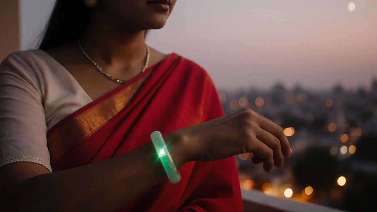 Modern Indian woman wearing a jade bangle on her left hand, highlighted by moonlight.