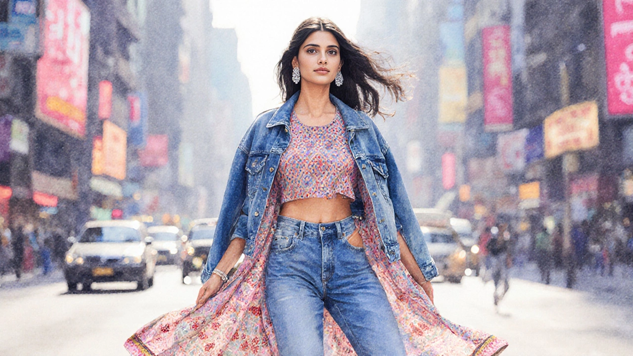 Modern woman wearing a kurti with jeans and denim jacket on a city street.