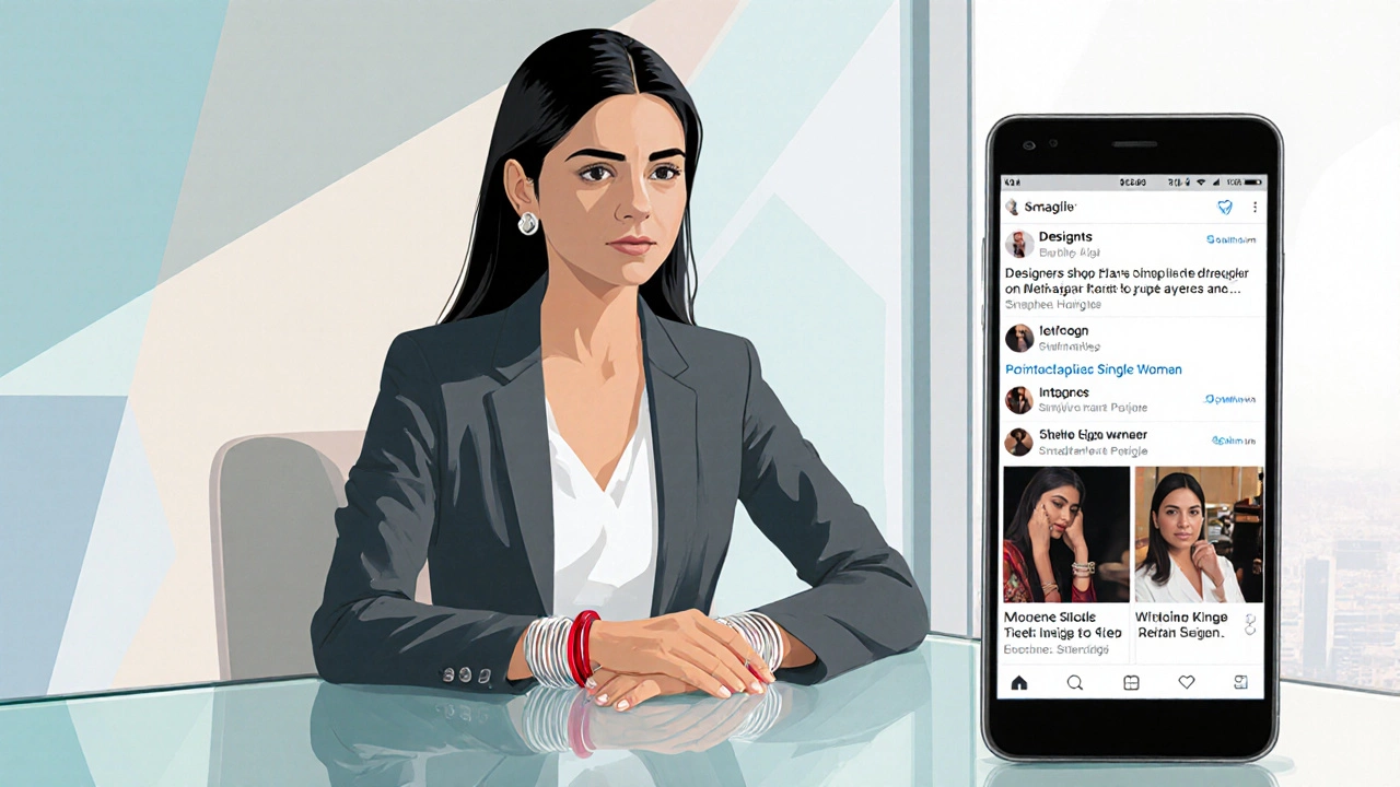 Professional woman at a modern office wearing a thin red bangle with silver bangles, symbolizing empowerment.