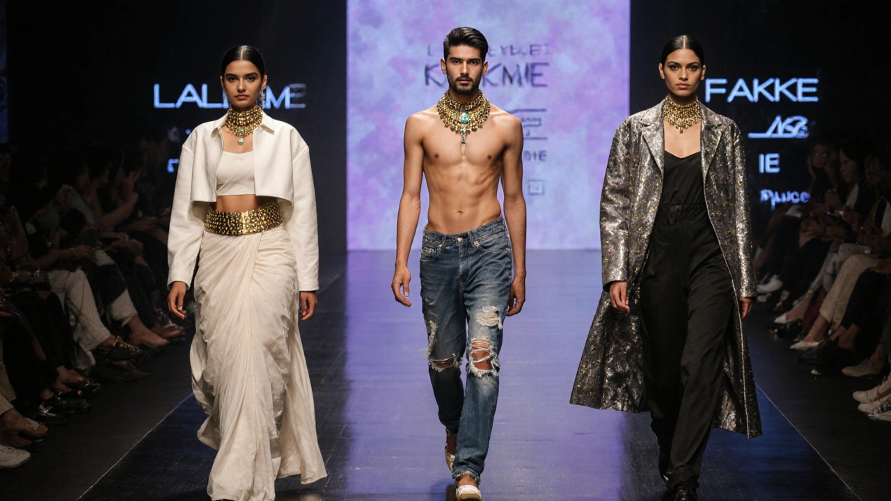 Runway models wearing modern waist chains mixing gold, silver, and LED lights.