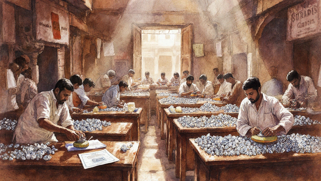 Surat diamond market with artisans polishing stones and a certification document on a table.