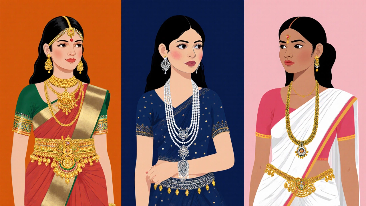 Three women in regional dresses showing South, North, and Bengali waist chain styles.