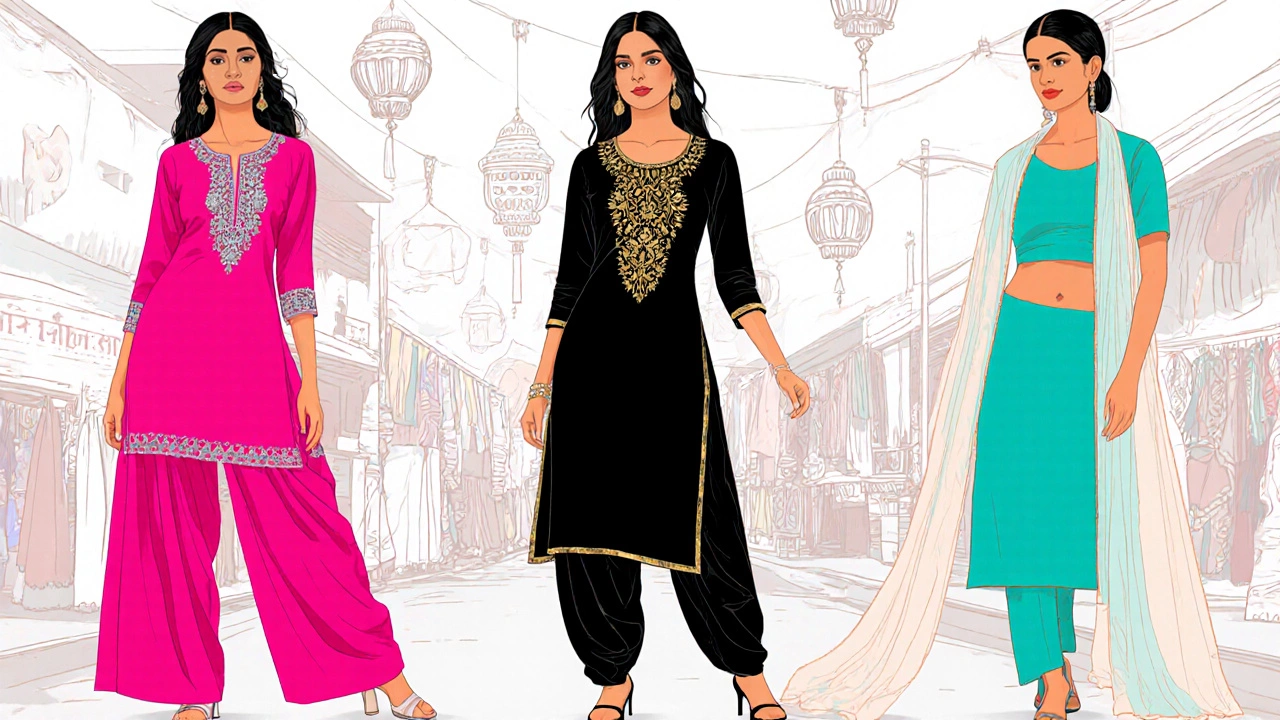 Three women showcasing different salwar kameez styles side by side.