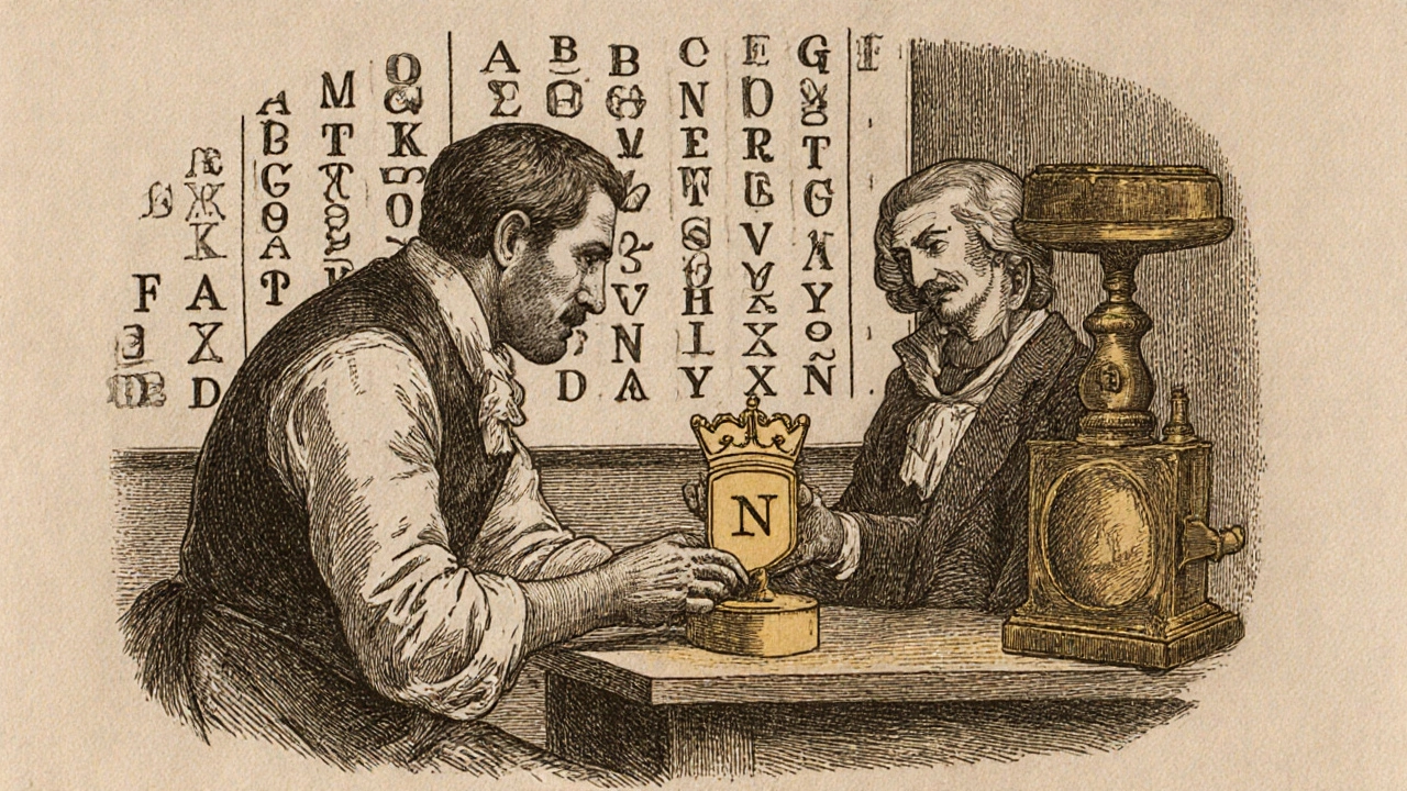 Vintage illustration of Birmingham Assay Office stamping an N hallmark on a metal piece.